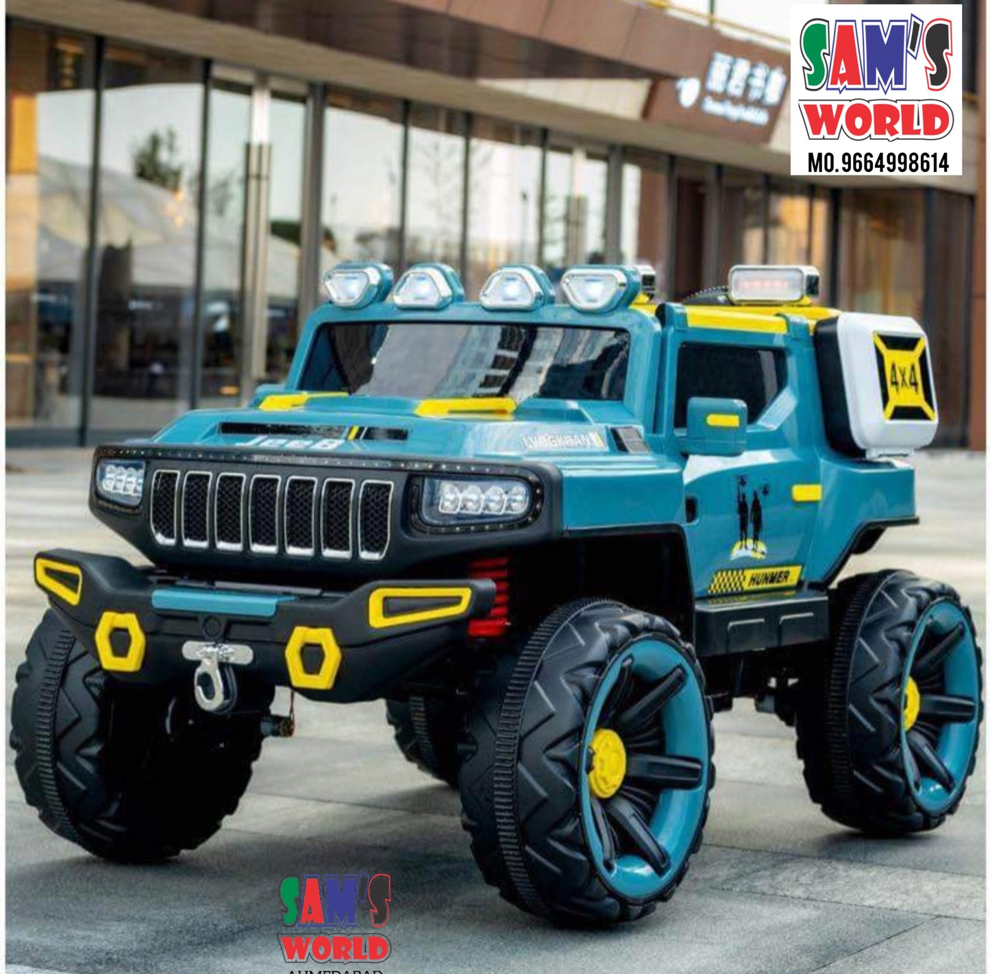 Blue and yellow two seater ride on Jeep car for children with guarantee parked outdoors