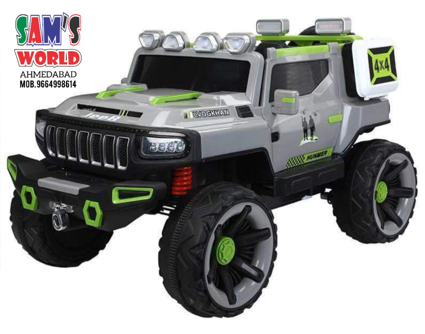 Two seater ride on Jeep car for children with guarantee in gray and green color with 4x4 wheels