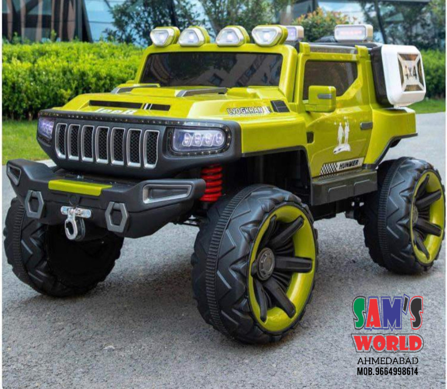 Two seater ride on Jeep car for children with guarantee in green color with black wheels and headlights
