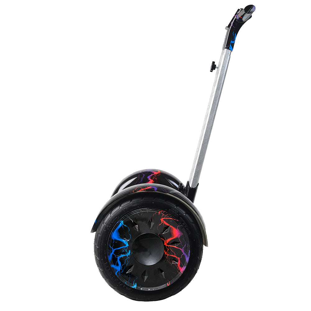 Segway hoverboard with handle near Ahmedabad Gujarat India featuring black wheels with colorful lightning design