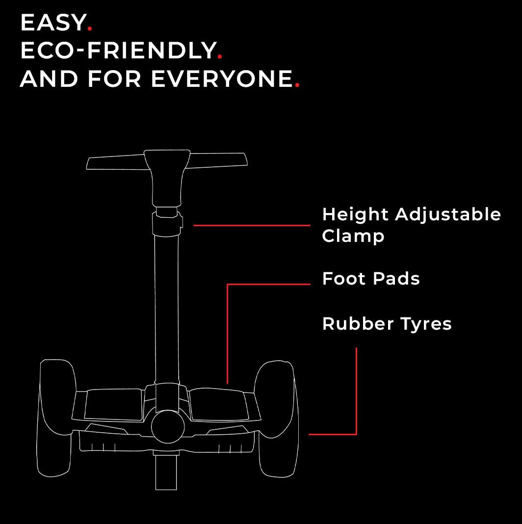 segway hoverboard with handle near Ahmedabad Gujarat India showing height adjustable clamp foot pads and rubber tyres