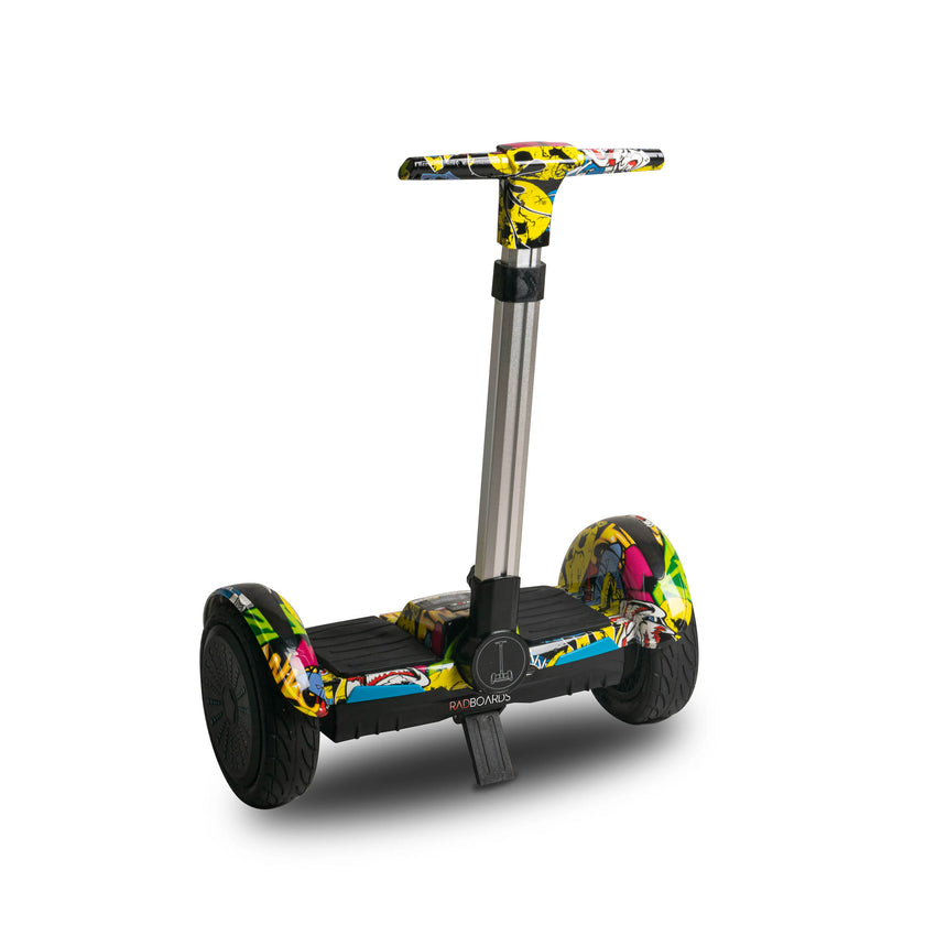 Colorful segway hoverboard with handle near Ahmedabad Gujarat India with sturdy wheels for outdoor play