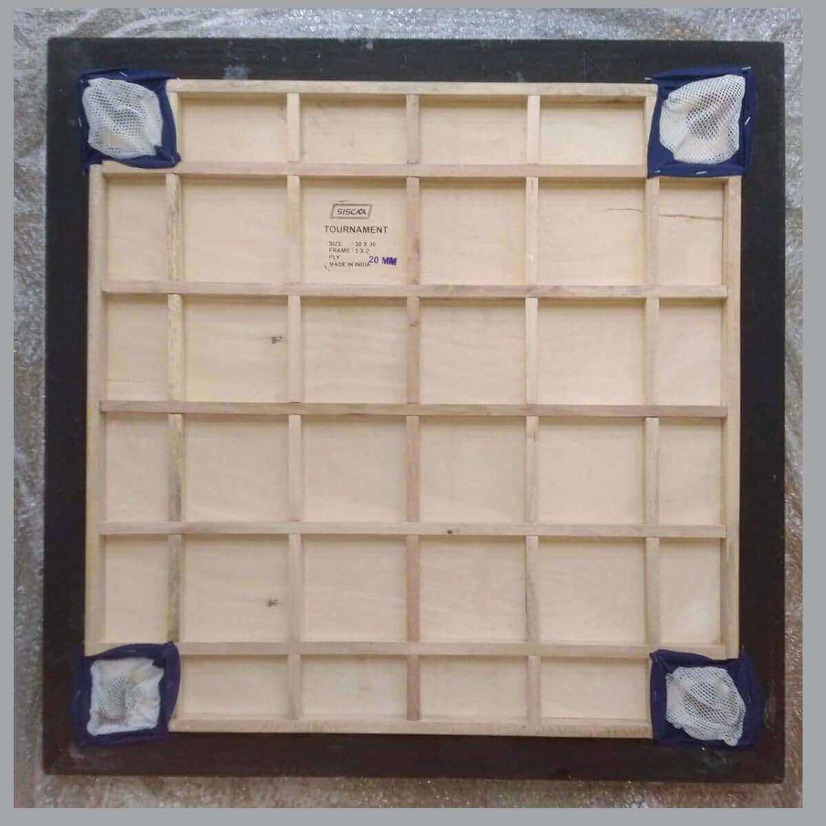 Back of carrom board with wooden grid bracing and blue pocket nets wooden full size carrom board 6mm Ahmedabad Gujarat