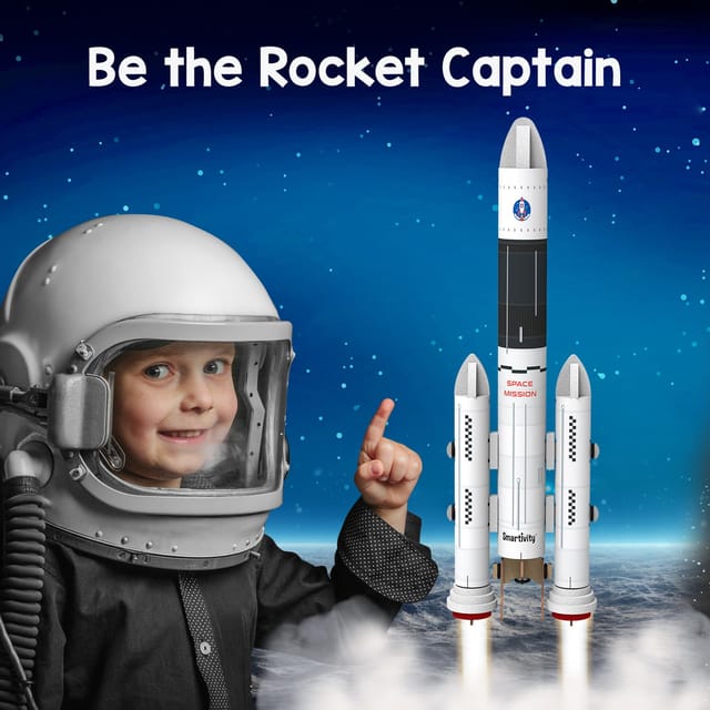 Child in astronaut helmet points at Smartivity science experiment rocket launcher set rocket launching over starry background