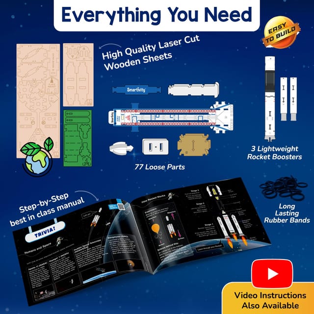 Smartivity science experiment rocket launcher set with laser cut wooden sheets 77 parts 3 boosters manual and rubber bands
