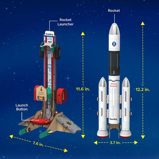 Smartivity science experiment rocket launcher set showing cardboard launcher and white model rocket with labeled dimensions
