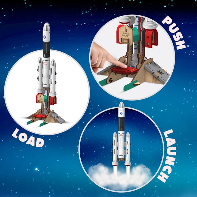 Smartivity science experiment rocket launcher set showing wooden launch pad and model rocket with load push launch steps