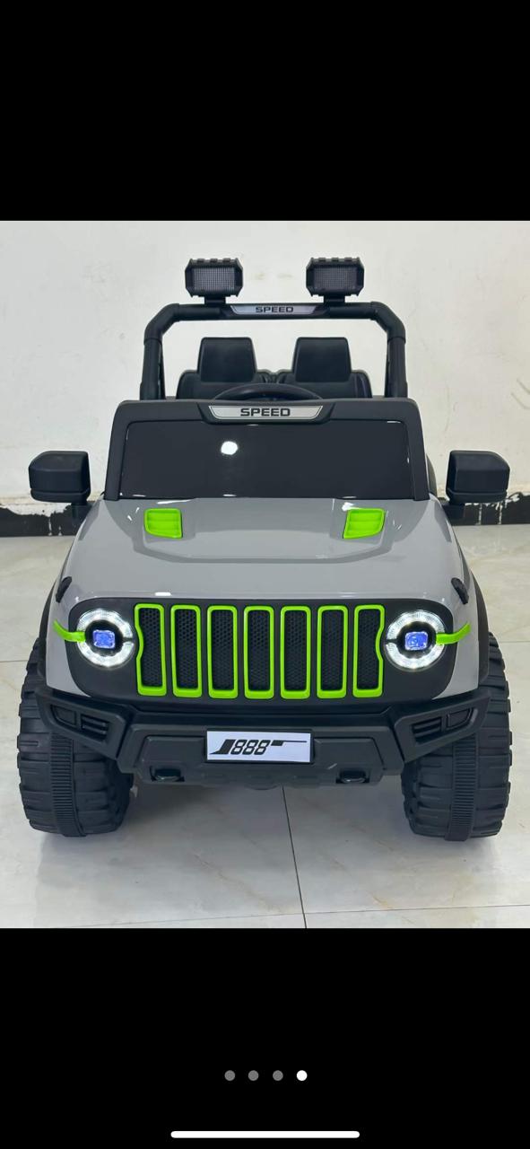 Gray two seat toy jeep with green grille LED headlights four-wheel kids electric car best offer discounted price Ahmedabad