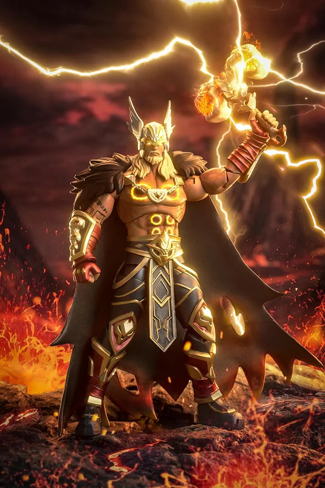 Super War Game miniature Thor figurine posed dramatically with lightning and flames in the background
