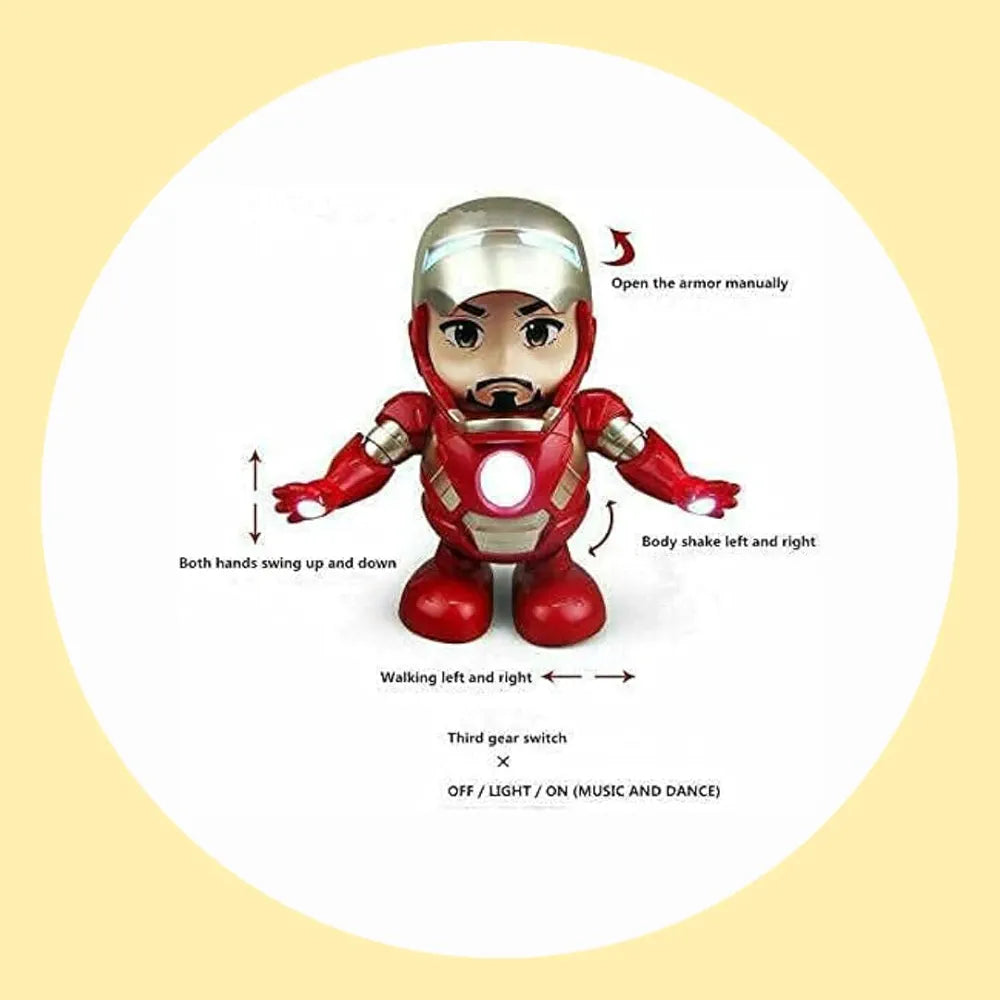 Superhero ironman action toy with lights and sound featuring movable arms and body shake function