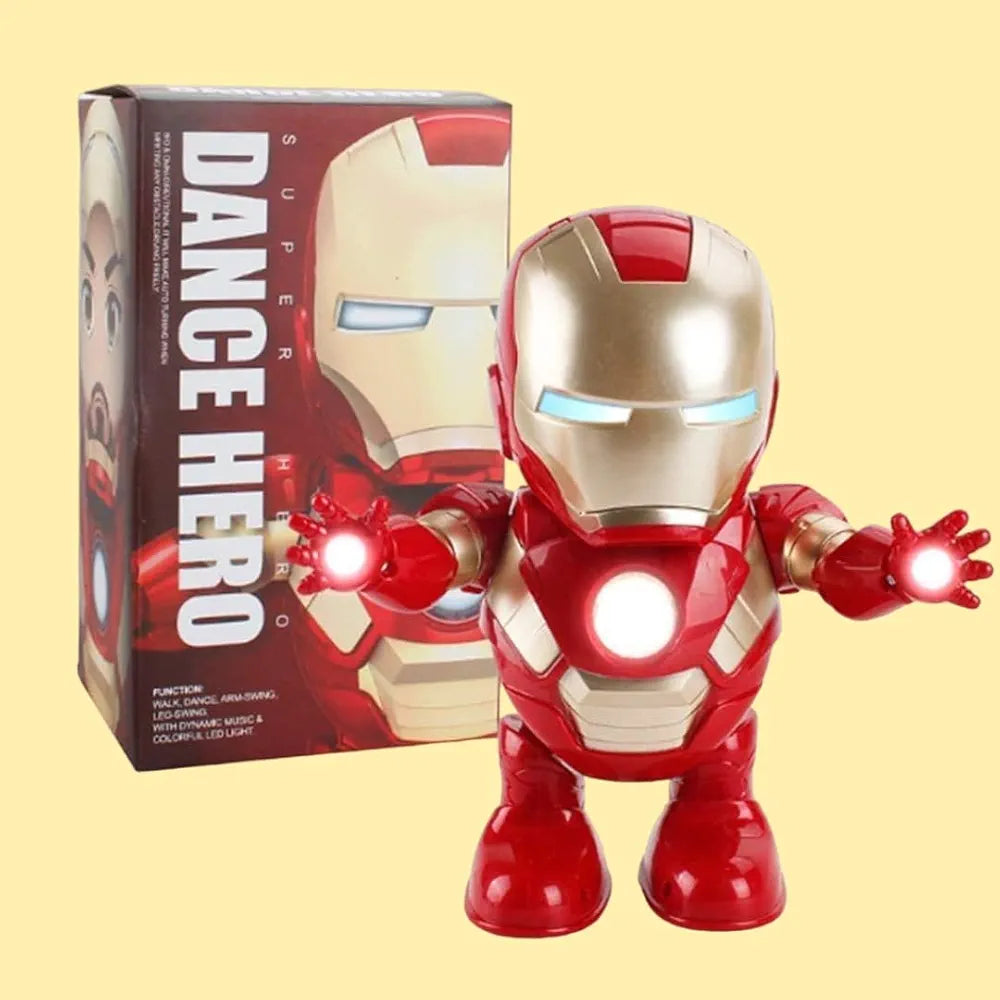 Superhero ironman action toy with lights and sound red and gold dance hero figure with glowing eyes and hands