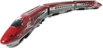 Red and silver high speed toy train model with three cars, remote controlled train set for kids, realistic design