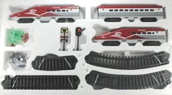 Red and white remote controlled train set for kids with three cars curved and straight tracks signals and connectors
