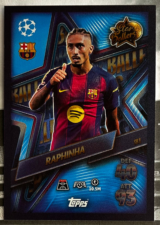 Topps Match Attax trading card featuring Raphinha in Barcelona jersey, showcasing player stats and design