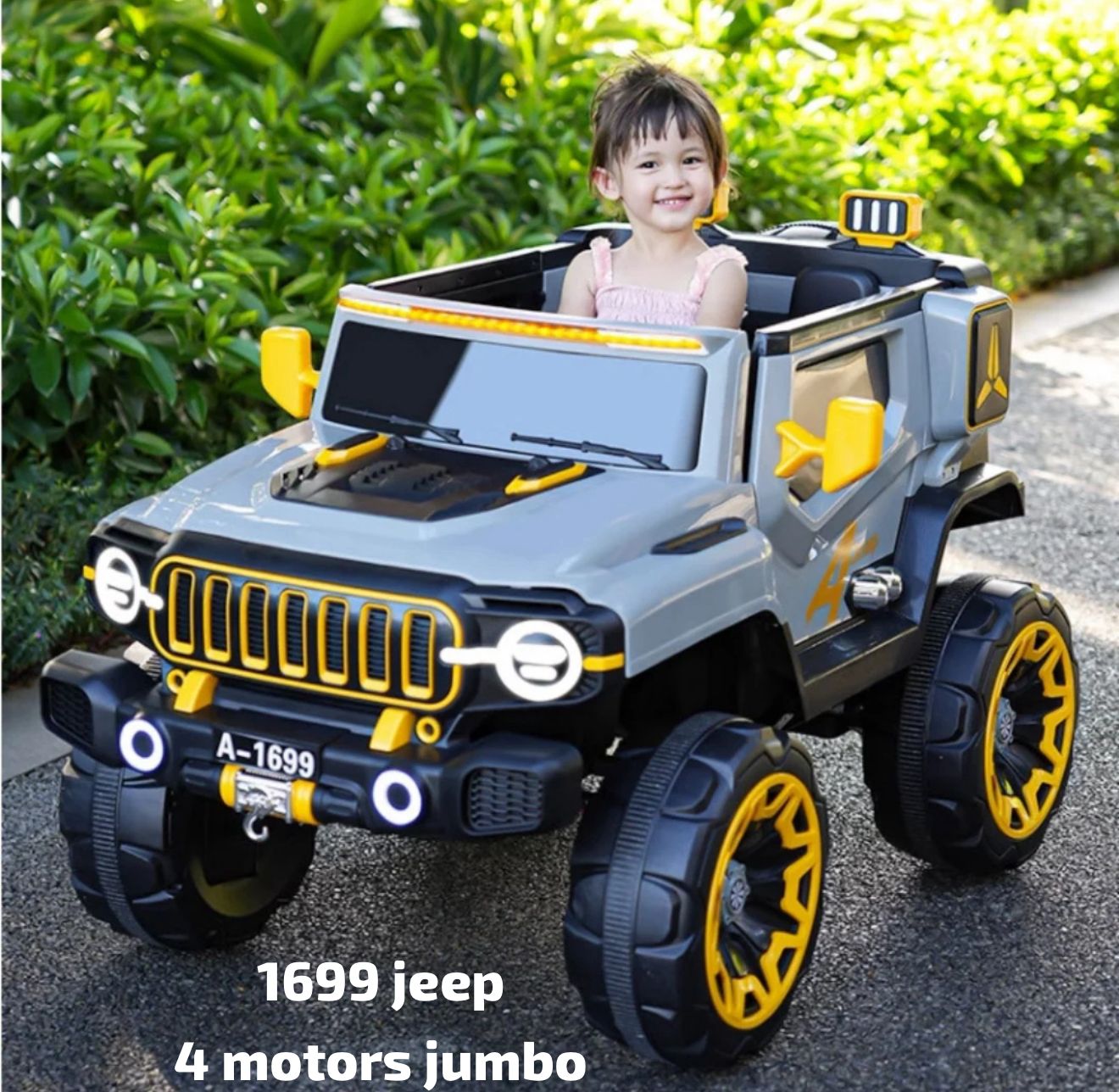 Smiling toddler in gray and yellow electric jeep with large wheels kids electric car Ahmedabad best price online India