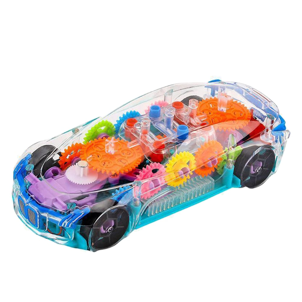 Transparent toy car showing colorful gears and black wheels battery operated toy car with lights and music for kids