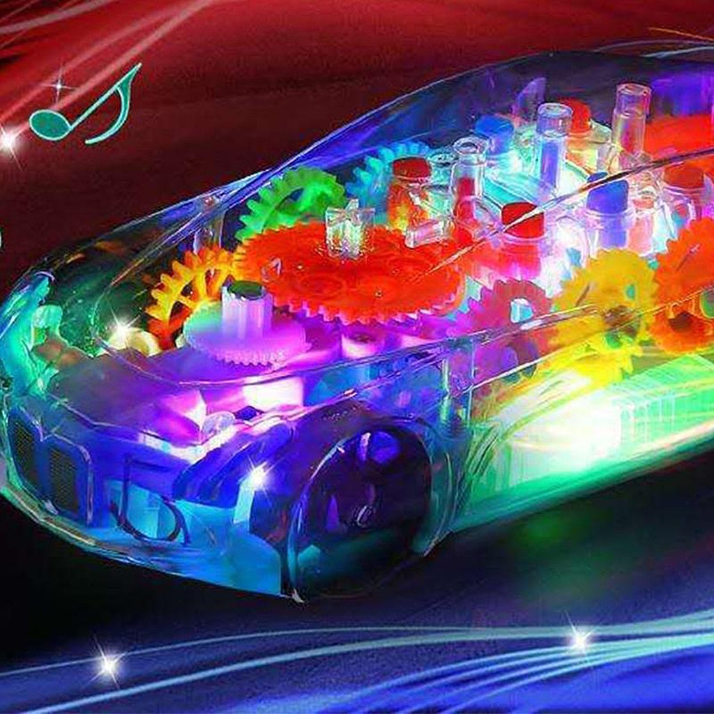 Transparent gear race car with multicolor LED lights and sound for kids battery operated toy car with lights and music