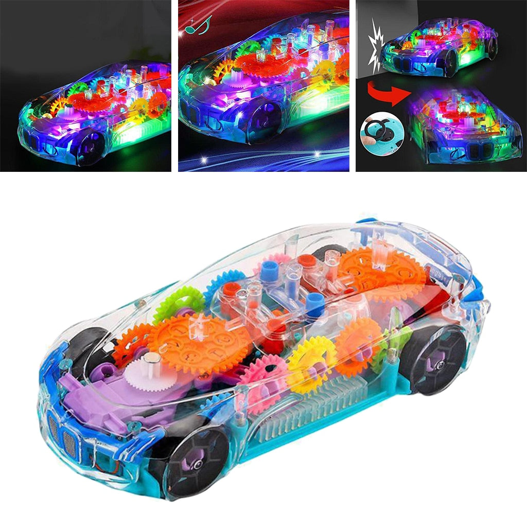 Transparent toy car showing colorful internal gears and LED lights battery operated toy car with lights and music