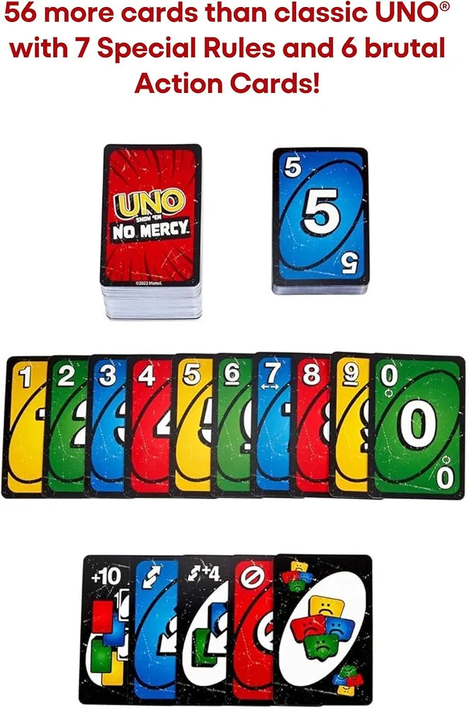 UNO Show 'EM No Mercy card game offer price in Ahmedabad displayed with colorful numbered and action cards from samstoy.in
