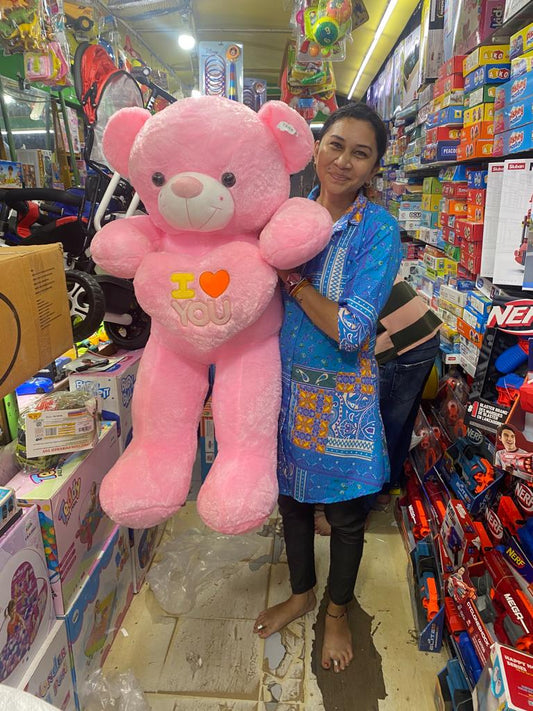 4-foot soft teddy bear near me Ahmedabad pink plush toy held by woman in toy store