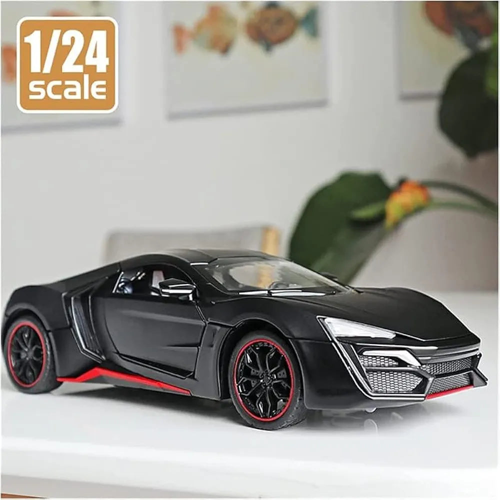 Black 1/24 scale imaginative play deicast metal car Ahmedabad with red trim details on white surface