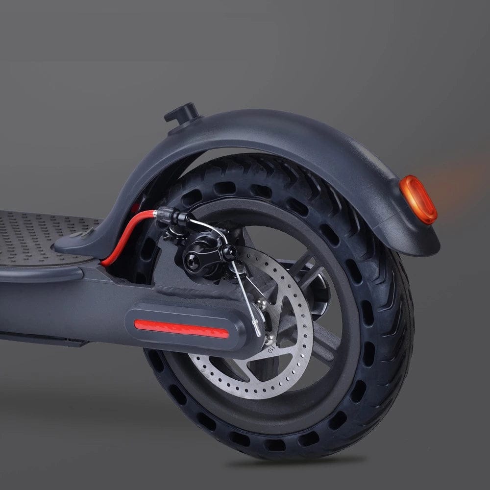 Close-up of rear wheel and brake system of foldable electric scooter for kids and all ages Ahmedabad Gujarat