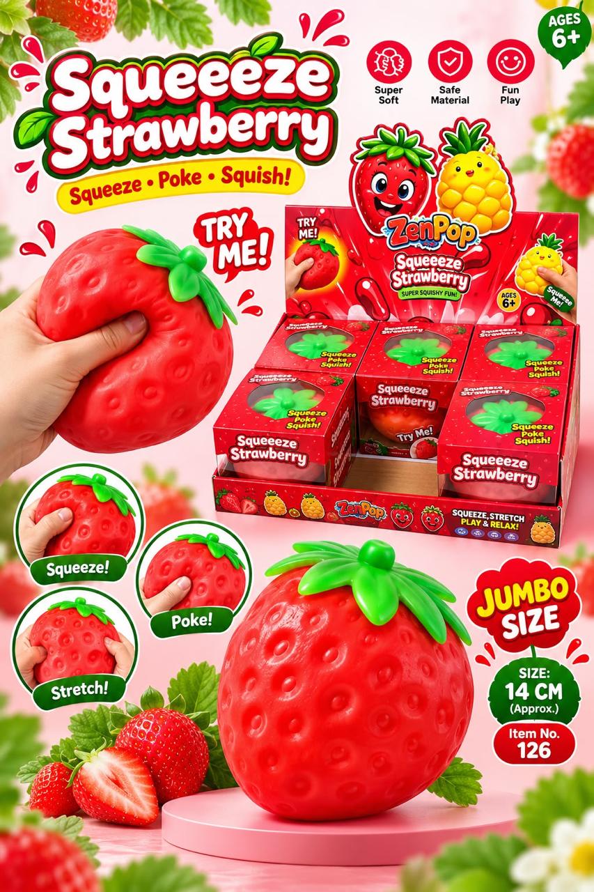 Squeezy Strawberry Jumbo Strawberry Squishy for stress relief and fun play, suitable for ages 6+, Sam's Toy World