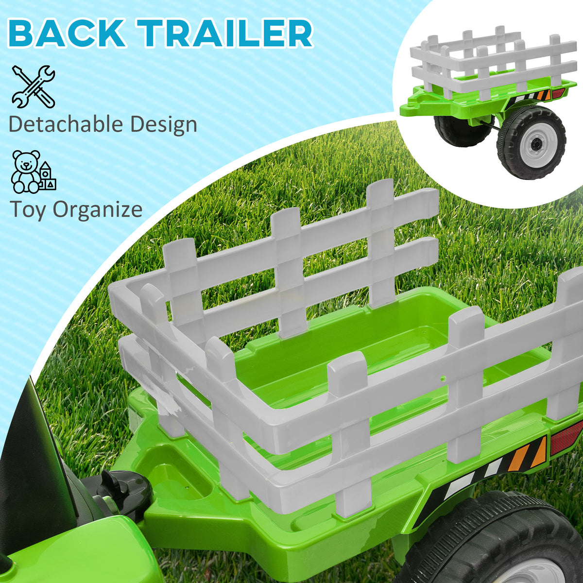 Ride On Tractor, Battery Powered Electric Car, With Detachable Trailer, Remote Control, Music - Green