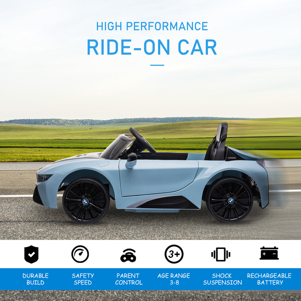 Licensed BMW I8 Coupe 6V Electric Car, Kids Ride-On Car, Battery Powered Toy with Remote Control Music Horn Lights Suspension for 37-96months Old, Blue