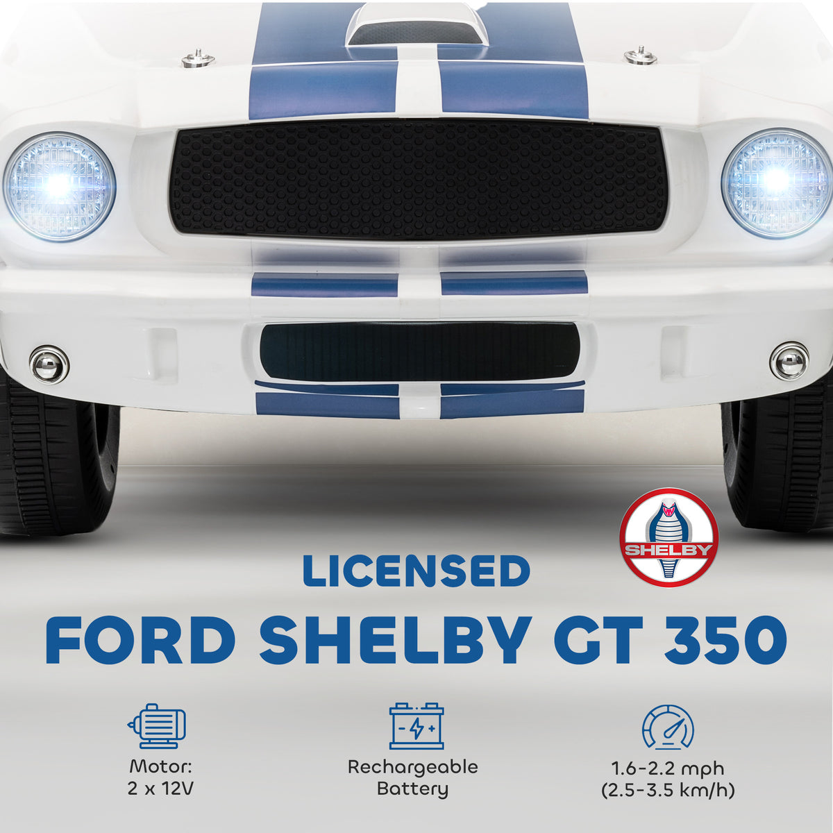 Licensed Ford Shelby GT 350 Kids Ride On Car with Remote Control, Adjustable Speed, MP3, Smooth Start, LED Lights, White