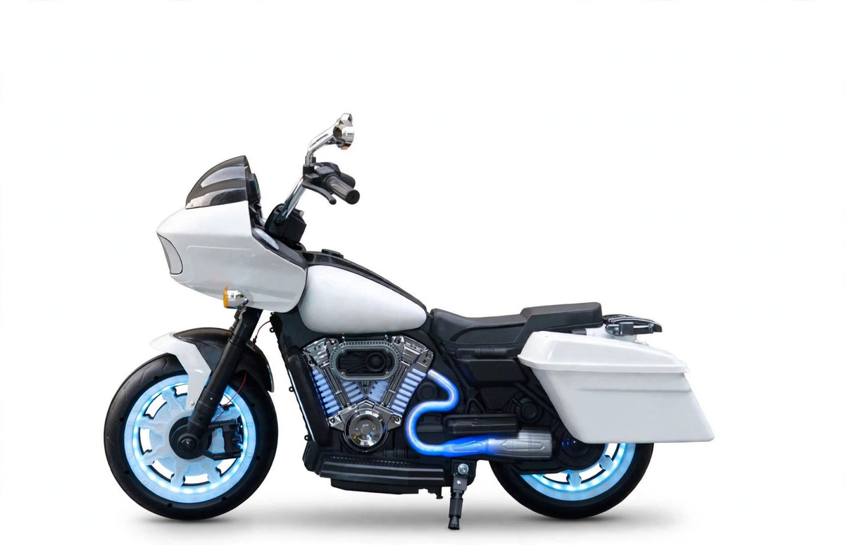 Jumbo size kids electric rechargeable ride on bike Harley model at Sam's Toy Ahmedabad in white color for ages 3 and up.