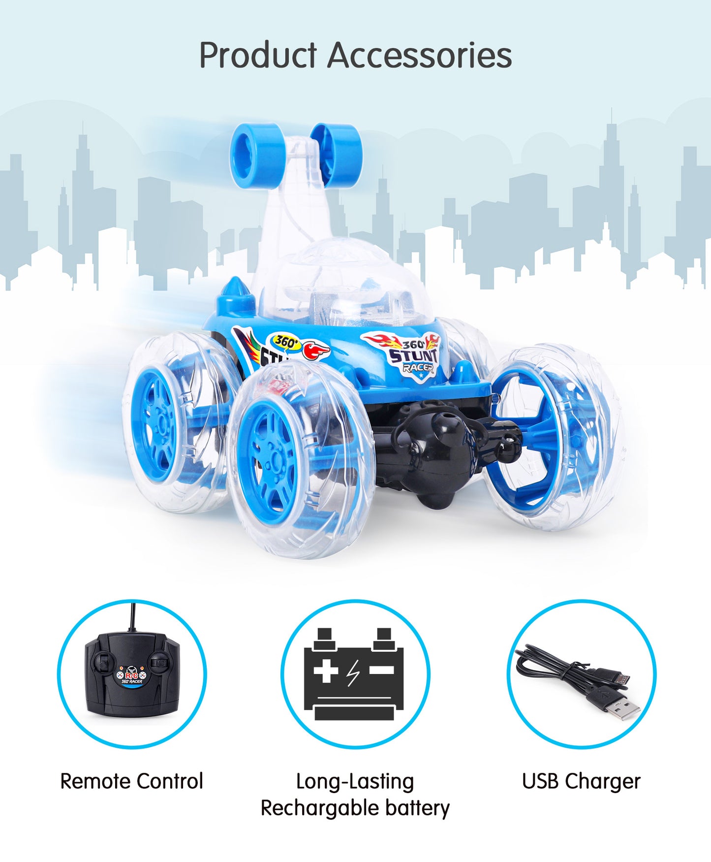 Remote Control Rechargable Acrobatic 360 Degree Twisting Stunt Car with Music & Lights and Charger for Kids | Sams Toy World Ahmedabad