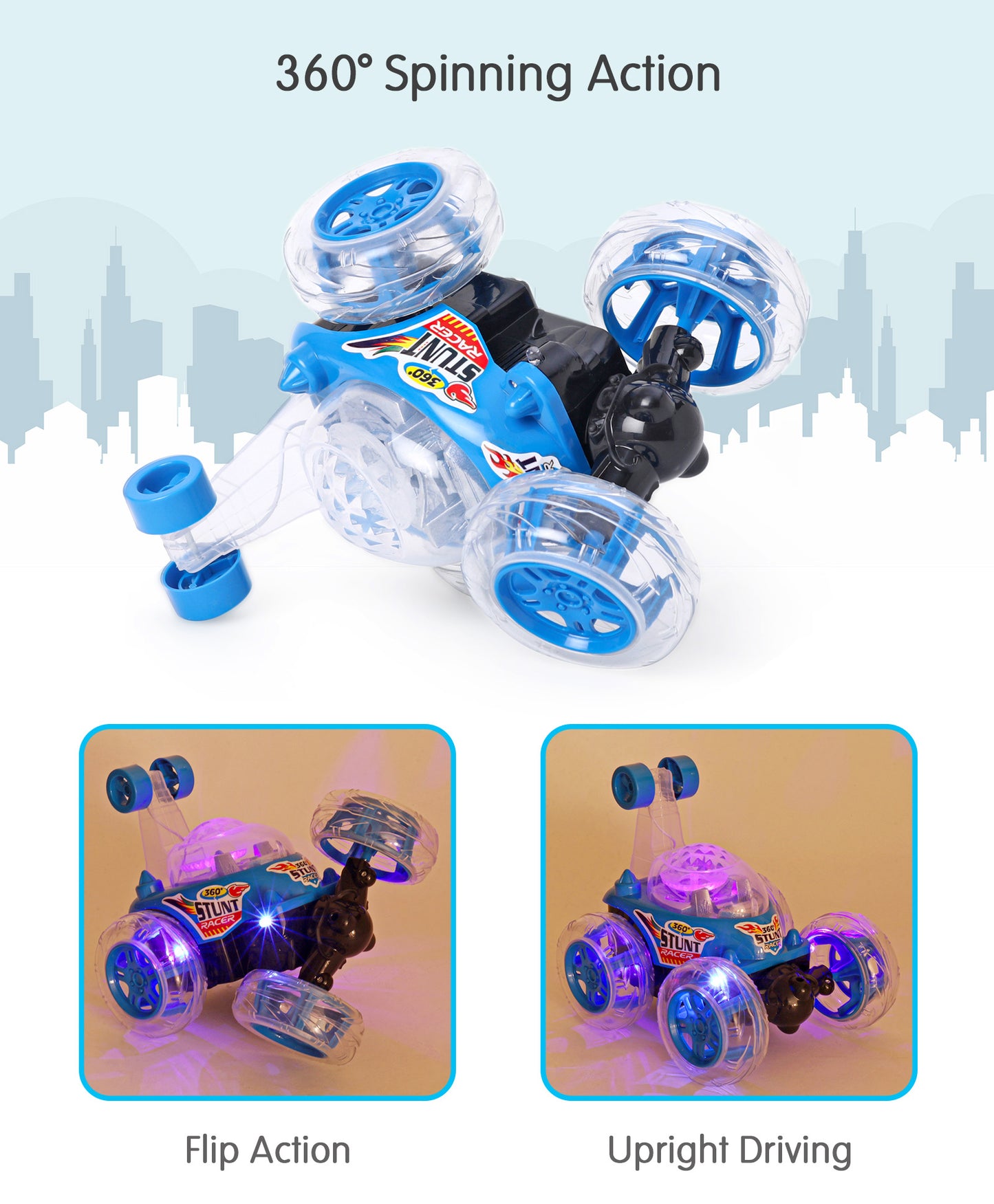 Remote Control Rechargable Acrobatic 360 Degree Twisting Stunt Car with Music & Lights and Charger for Kids | Sams Toy World Ahmedabad