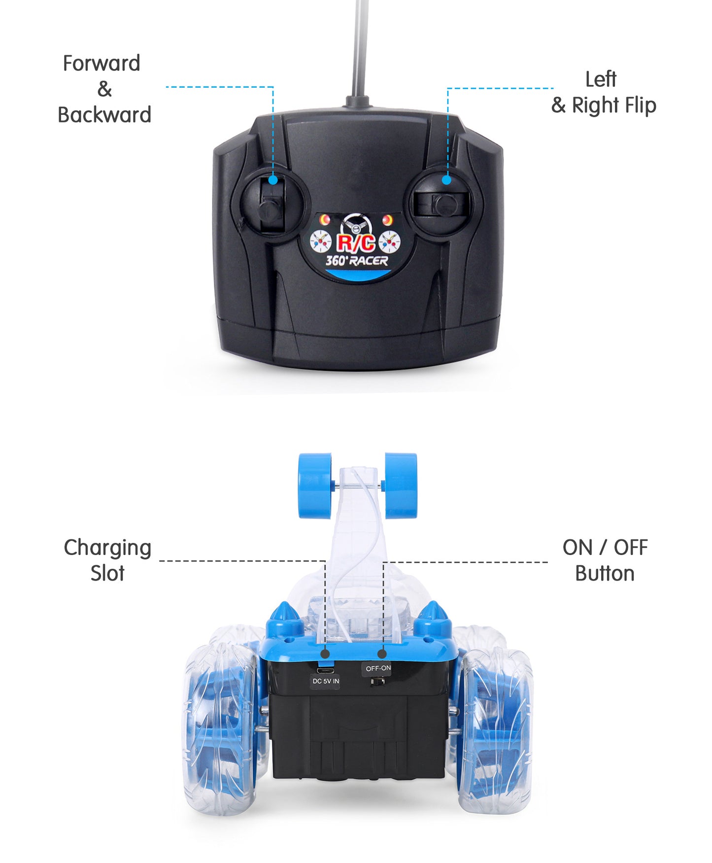 Remote Control Rechargable Acrobatic 360 Degree Twisting Stunt Car with Music & Lights and Charger for Kids | Sams Toy World Ahmedabad