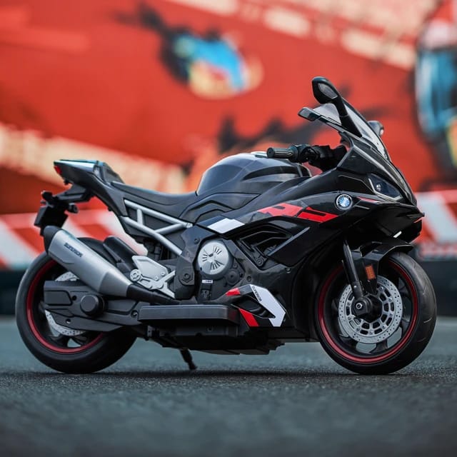 12V Kids Battery Operated Ride On BMW LFB-008 RR Bike in sleek black and red design for young riders