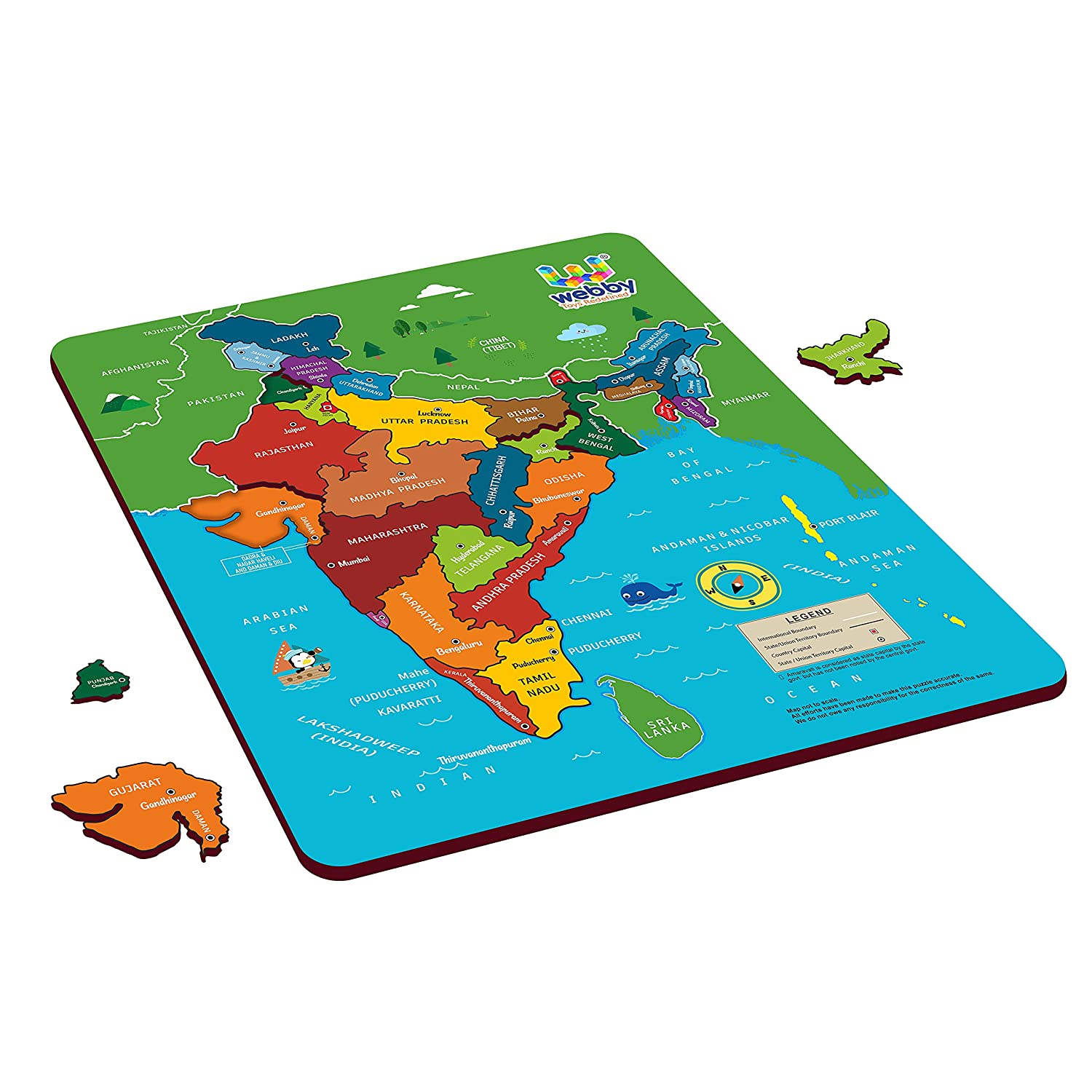 Buy 13 inch Webby Wooden Educational Learning India Political Map Puzzle Board for Kids - sams toy world shops in Ahmedabad - call on 9664998614 - best kids stores in Gujarat - Near me - discounted prices