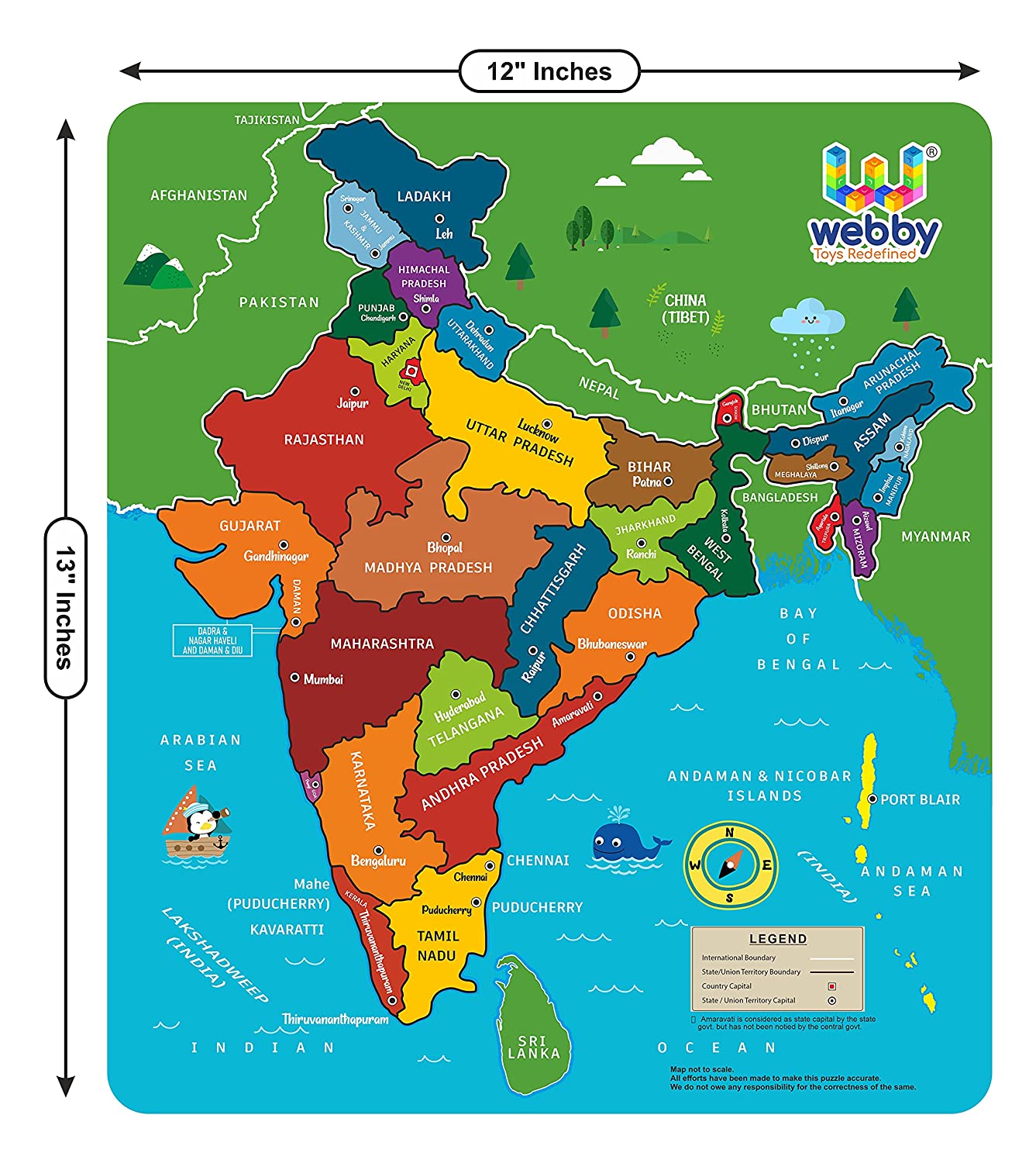 Buy 13 inch Webby Wooden Educational Learning India Political Map Puzzle Board for Kids - sams toy world shops in Ahmedabad - call on 9664998614 - best kids stores in Gujarat - Near me - discounted prices