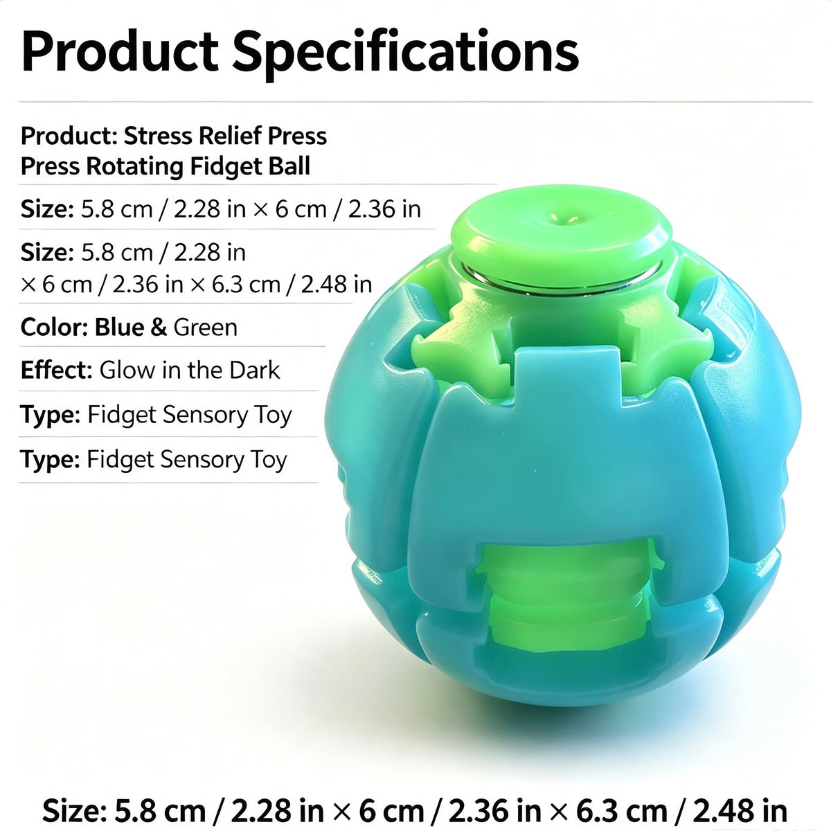 Unisex Compact Rotates Stress Relief Press Fidget Ball - Pocket Sensory Toy For Above 12 Teens & Adults, Glow-in-the-Dark Travel Car Ride Fidgeting Gift