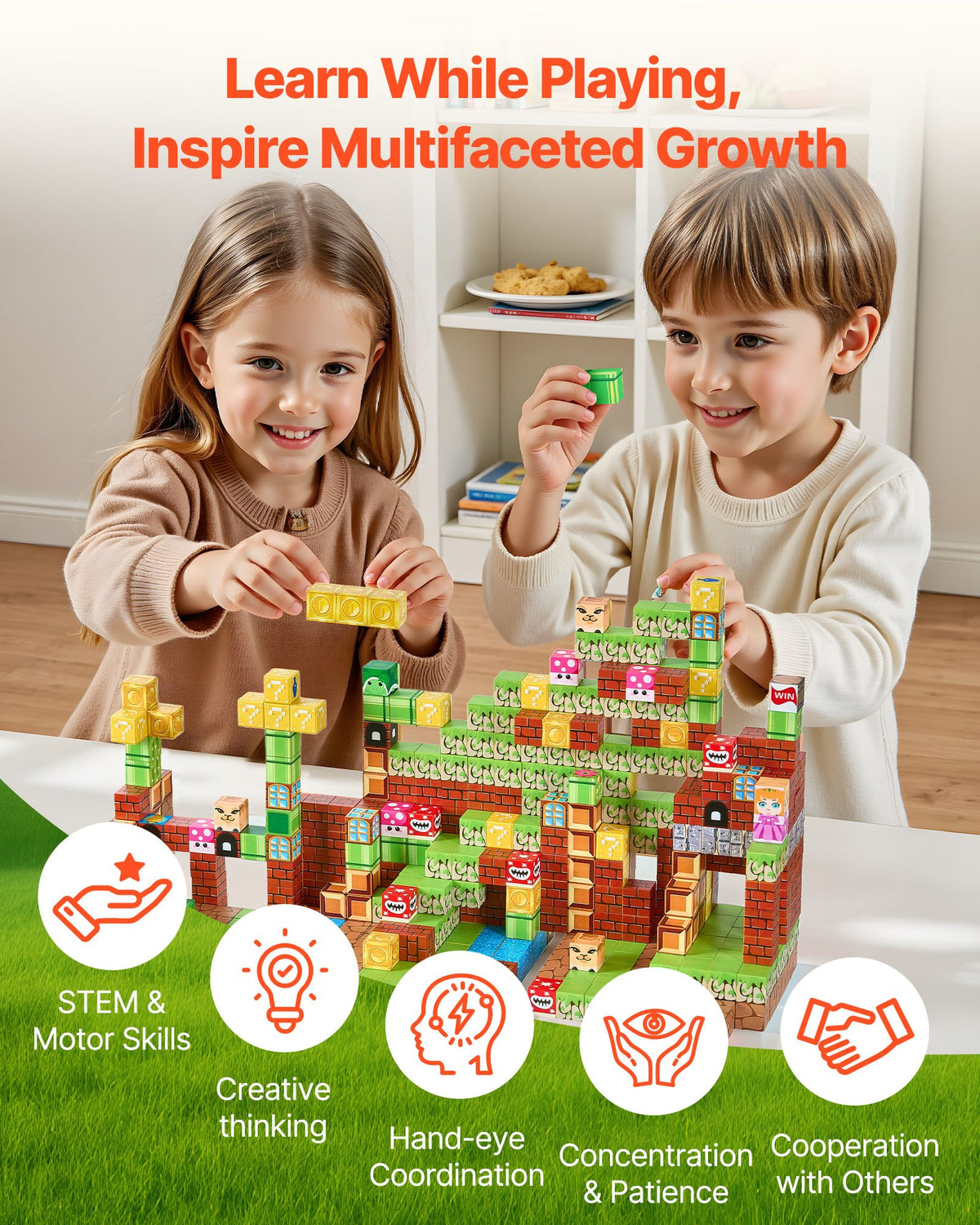 Minecraft Blocks, 100 PCS Magnet Blocks Set, Magnetic Building Cubes For Kids, STEM Montessori Sensory Toys For Christmas Birthday Gift, Construction Stacking Toy For Ages 3 And  Years Old Boys & Girls