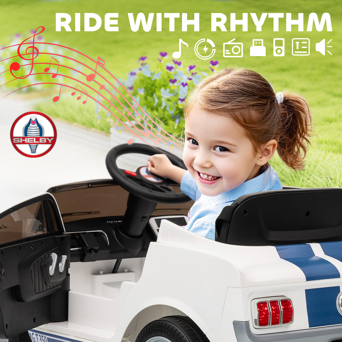 Licensed Ford Shelby GT 350 Kids Ride On Car with Remote Control, Adjustable Speed, MP3, Smooth Start, LED Lights, White