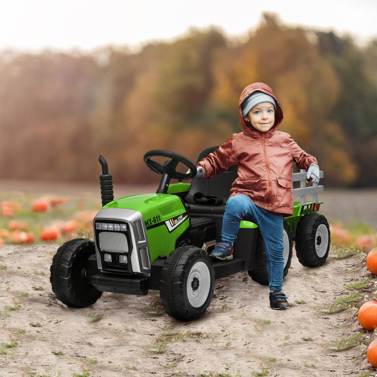 Ride On Tractor, Battery Powered Electric Car, With Detachable Trailer, Remote Control, Music - Green