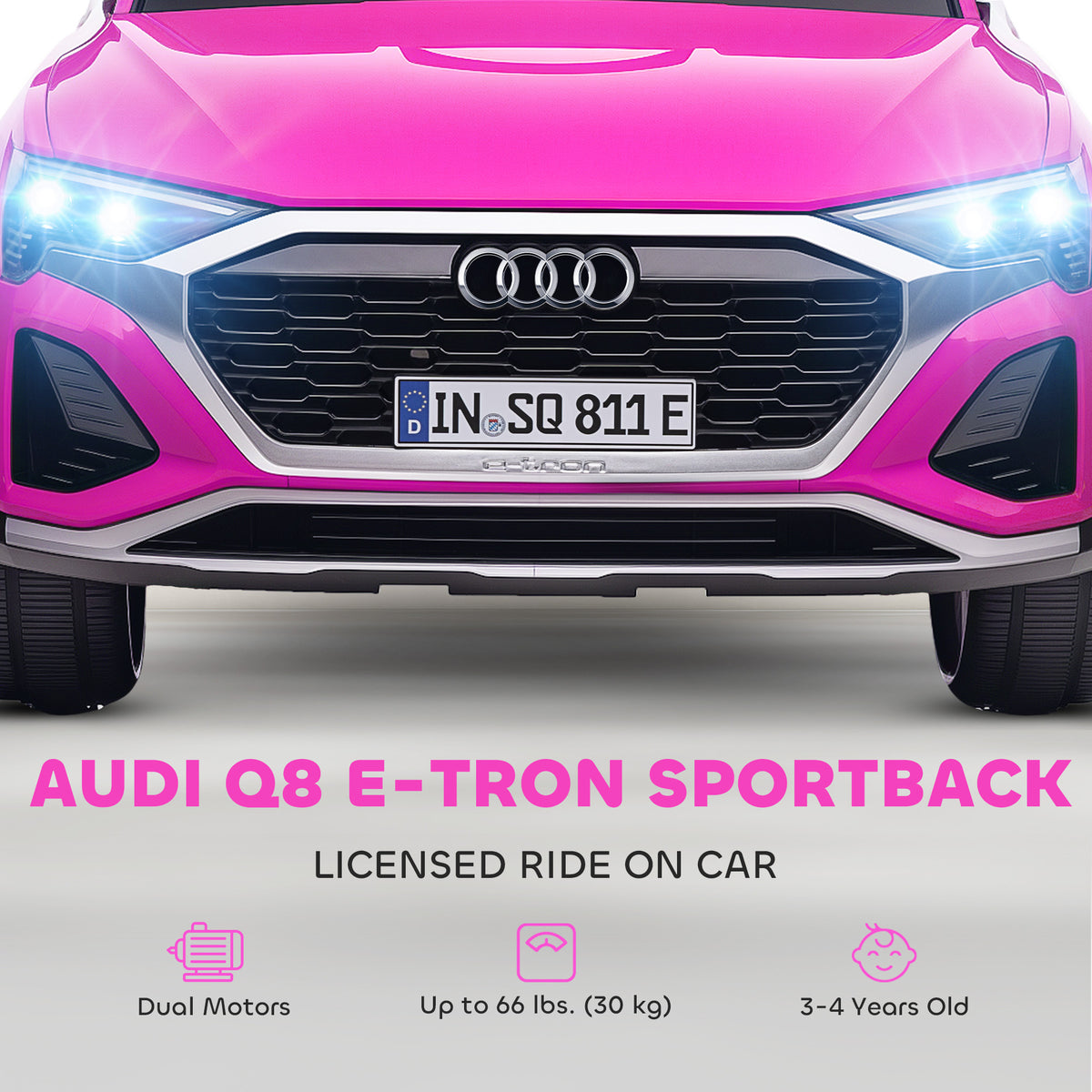 Audi Q8 E-tron Sportback Licensed 12V Ride On Car W Remote, 4 Spring Suspension Wheels, Headlights, Music, Horn - Pink