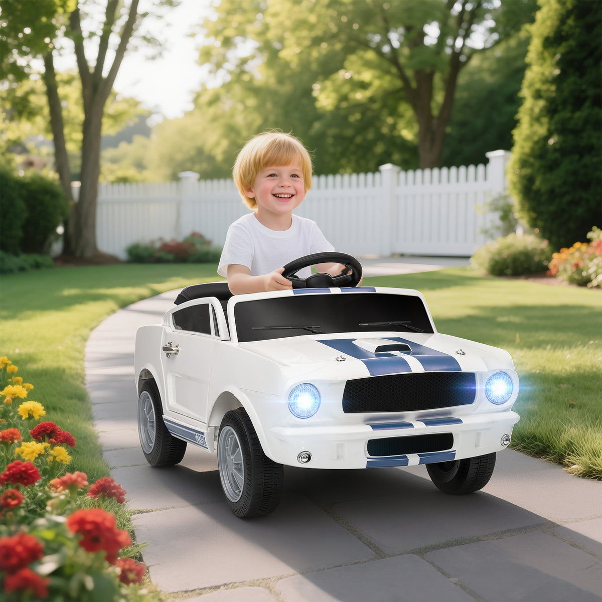 Licensed Ford Shelby GT 350 Kids Ride On Car with Remote Control, Adjustable Speed, MP3, Smooth Start, LED Lights, White