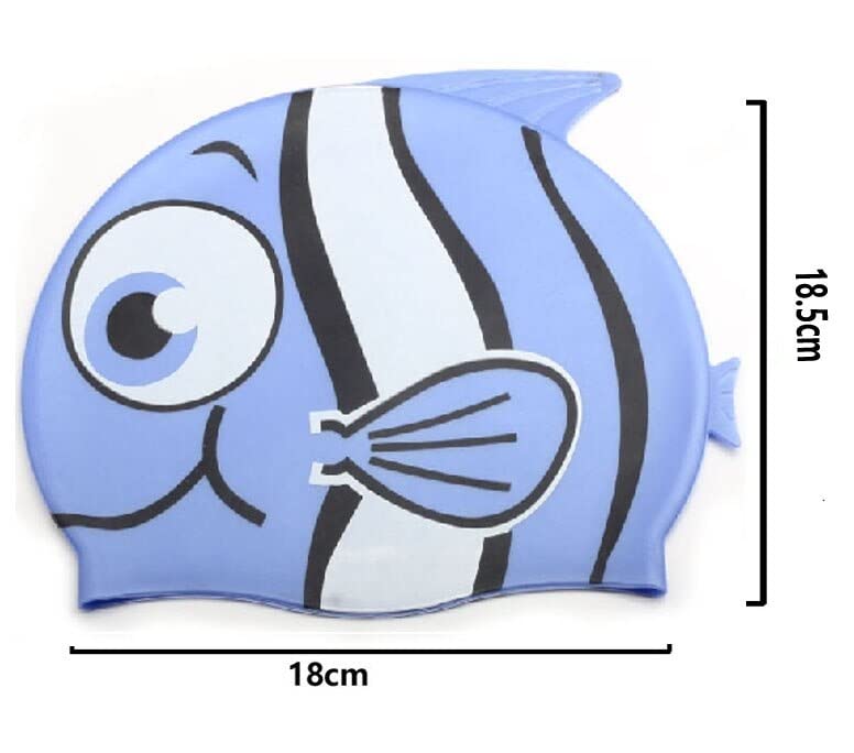 KIDS SILICONE SWIM CAPS FOR GIRLS AND BOYS, WITH FUN FISH PRINT, WATER FUN, POOL PARTY SWIMMING HEADGEAR HATS - BLUE