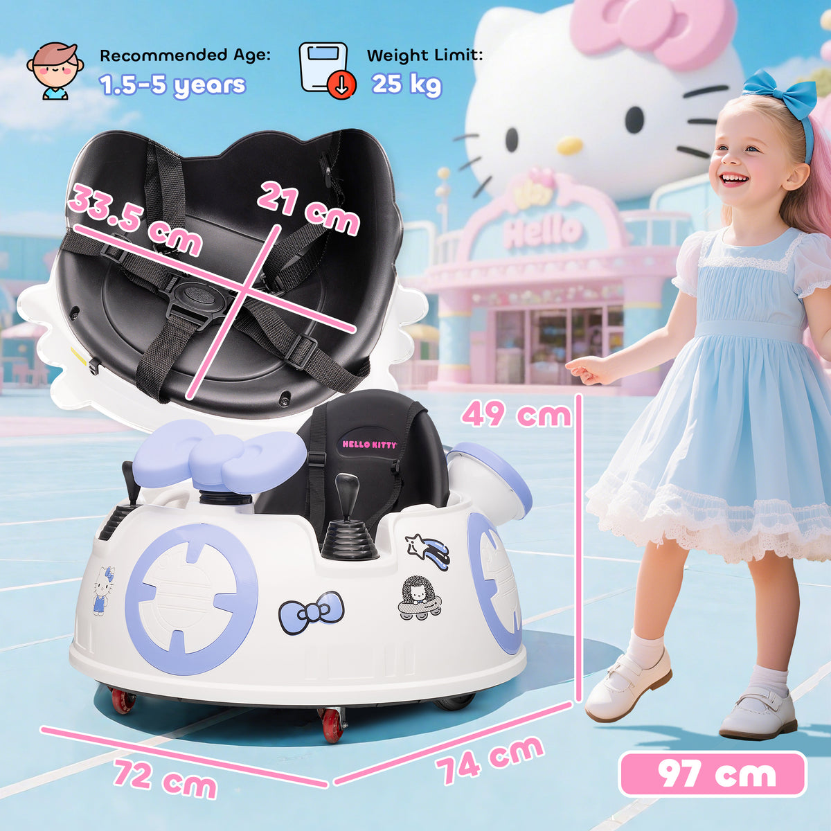 Hello Kitty Kids Ride On Bumper Car With Remote Control, Two Joysticks, Music, Lights, Safety Belt, White