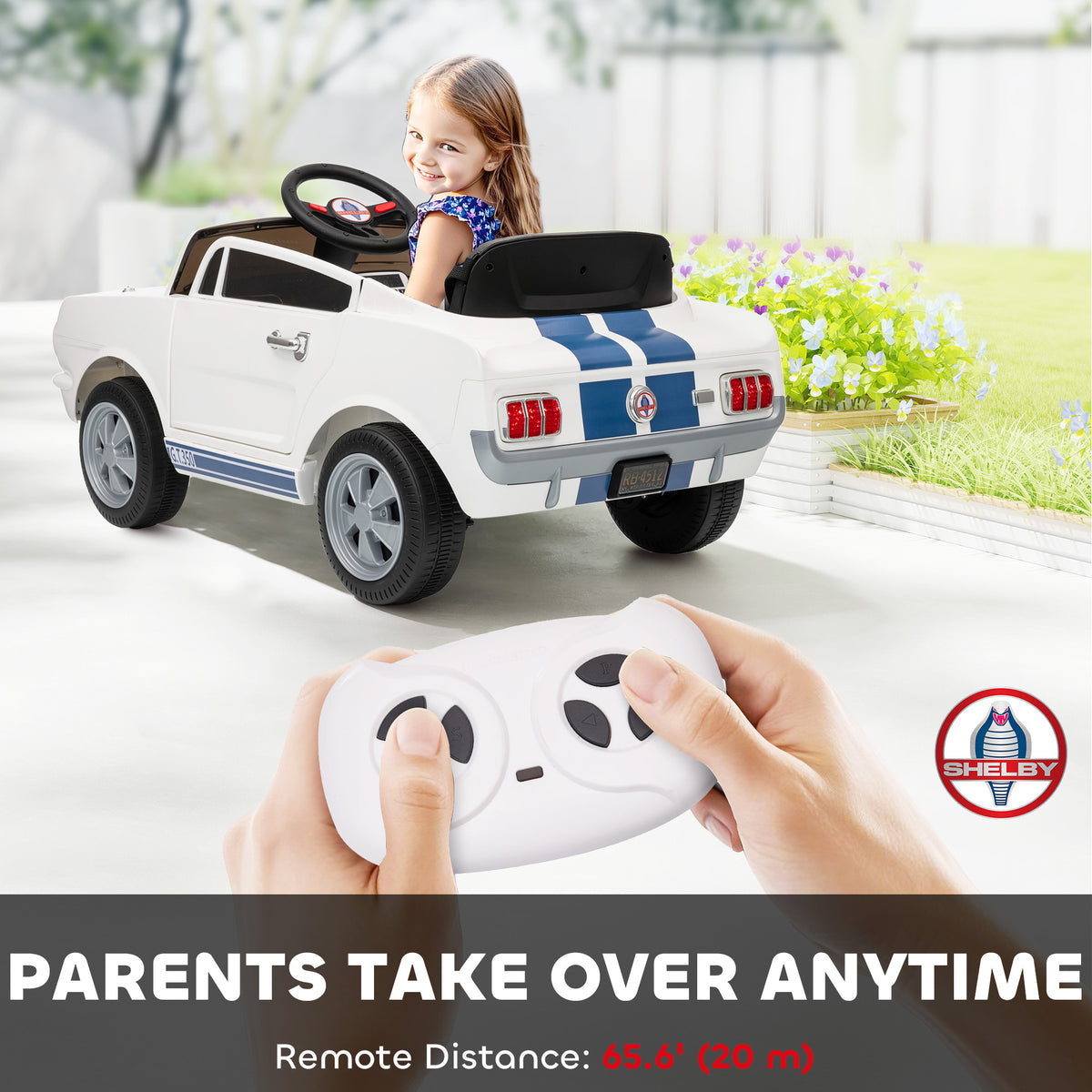 Licensed Ford Shelby GT 350 Kids Ride On Car with Remote Control, Adjustable Speed, MP3, Smooth Start, LED Lights, White