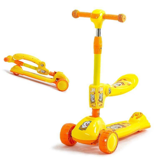 Bright yellow 3 wheel kids scooter with LED lights in Ahmedabad Gujarat India shown unfolded and folded