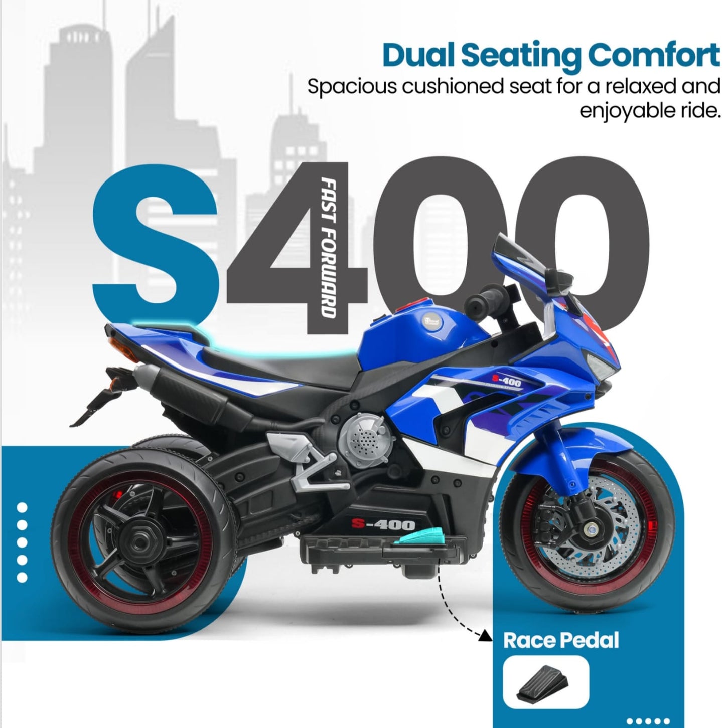 Blue S-400 3 wheeler electric bike for kids, side view, for fun rides during the biggest toy sale in Ahmedabad