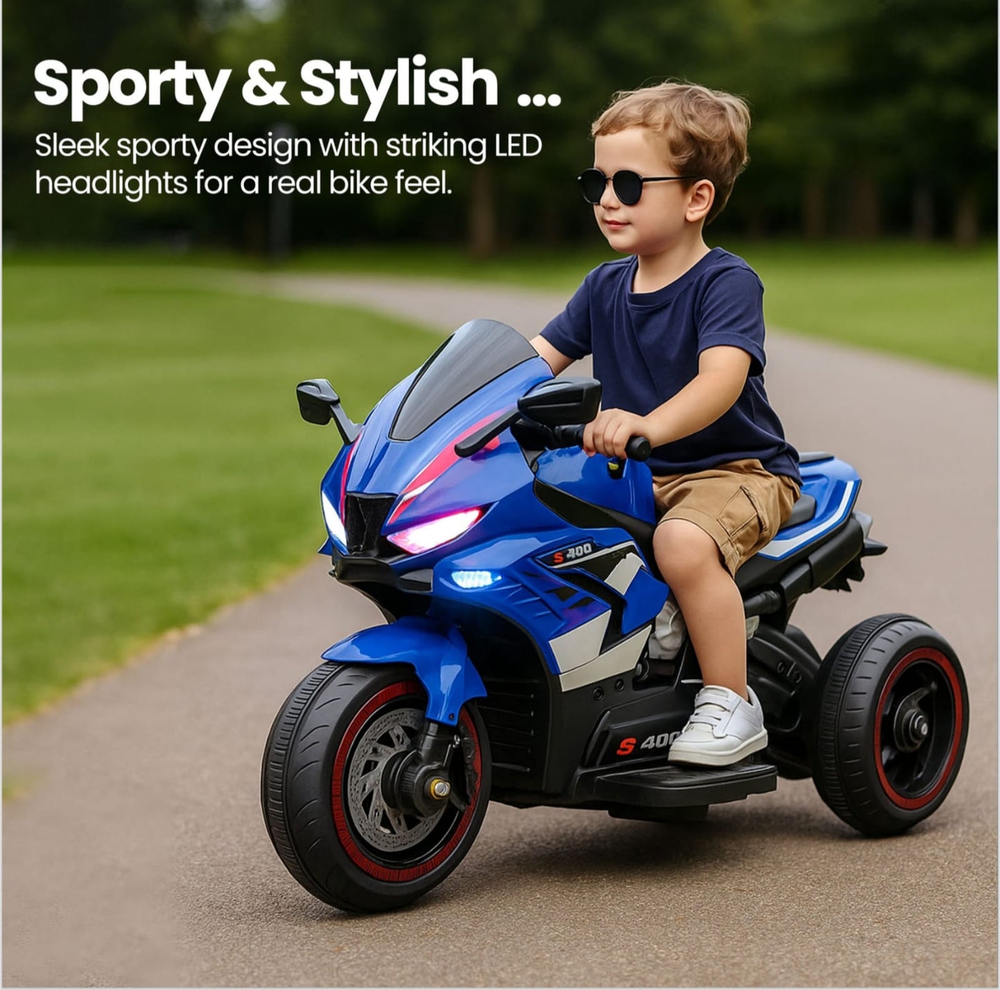 Blue 3 wheeler electric bike for kids, side view, for outdoor fun during the biggest toy sale in Ahmedabad