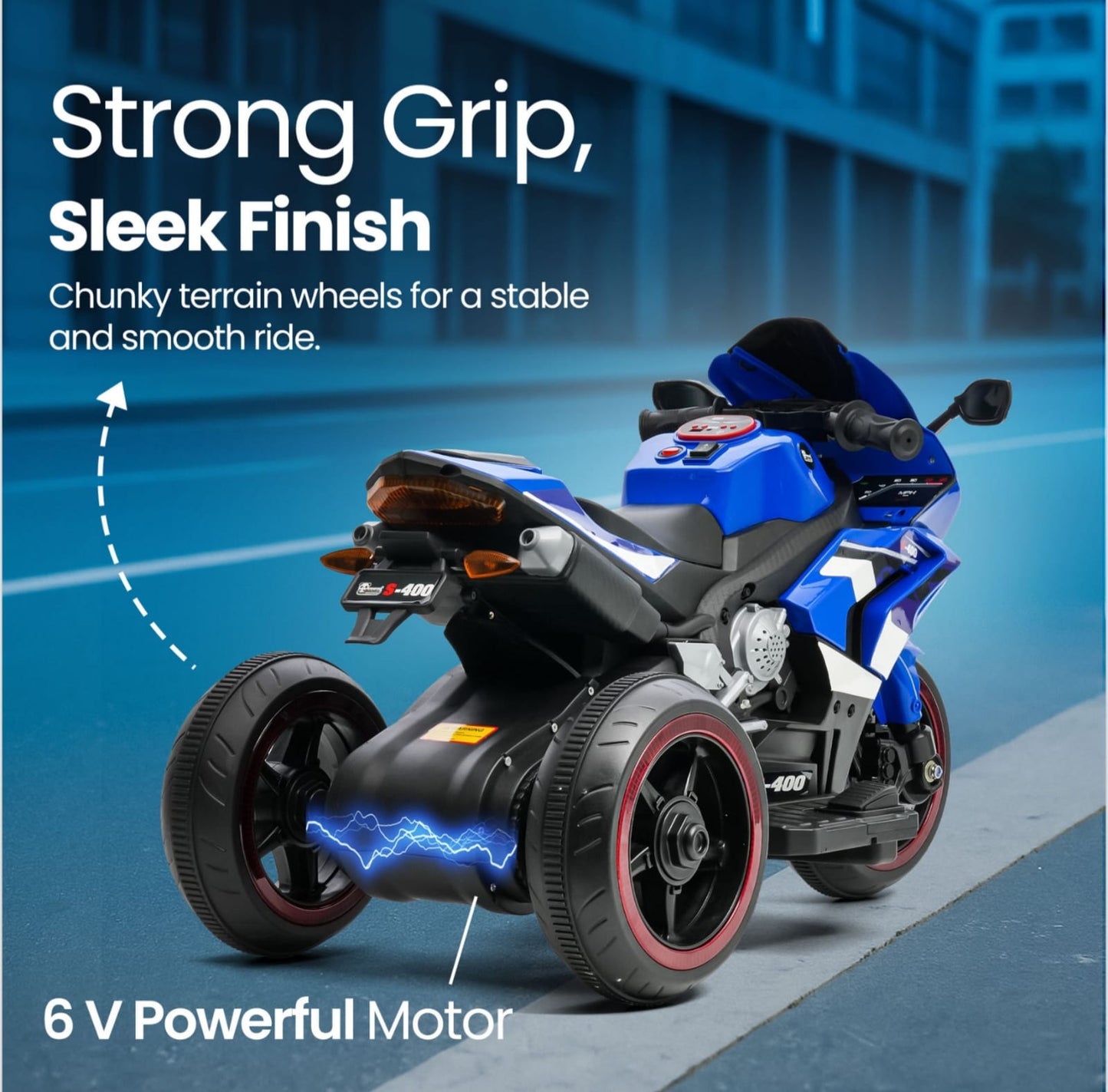 Blue 3 wheeler electric bike for kids, side view, designed for smooth rides at biggest toy sale in Ahmedabad